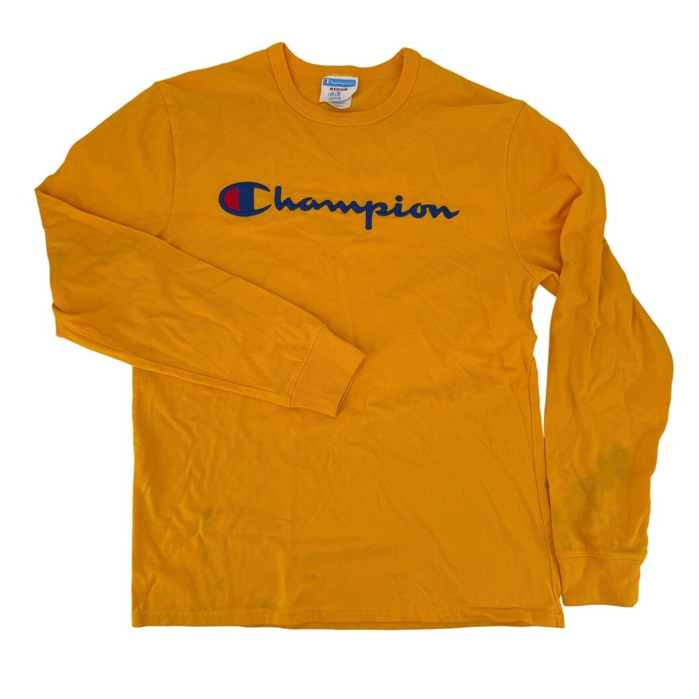 Champion Mens Mustard Yellow Long Sleeve Script Logo T-Shirt Medium